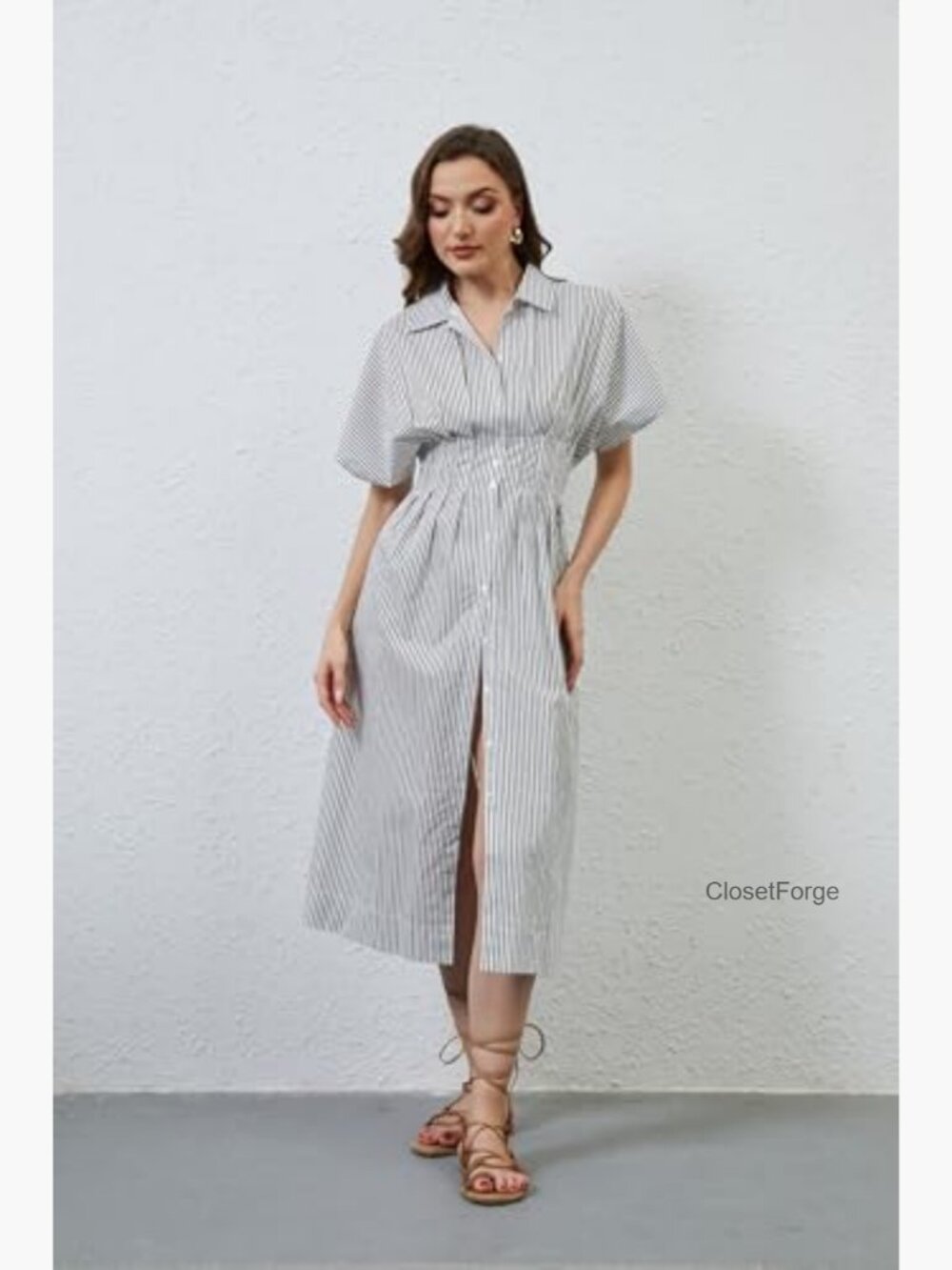 Striped Button Pleated Shirt Maxi Dress Summer Short Sleeve V-Neck Corset Long - Picture 2 of 7